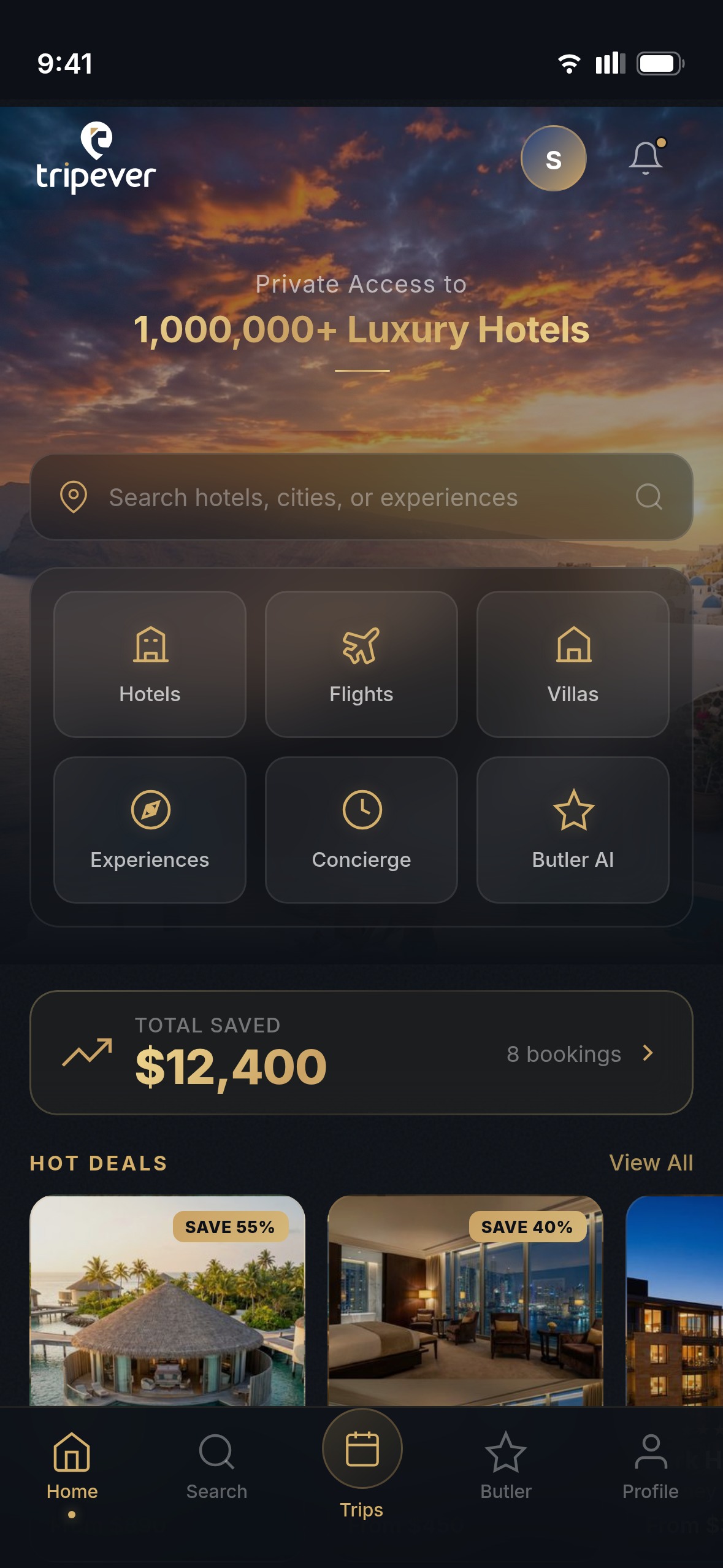 TripEver mobile app — luxury hotel discovery + Butler AI concierge